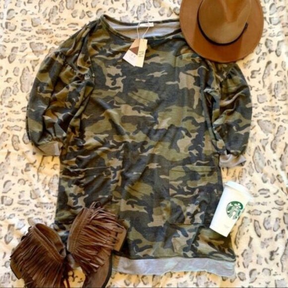 Plus Size | Cozy Camouflage Print Tunic Dress Camo - Picture 3 of 4